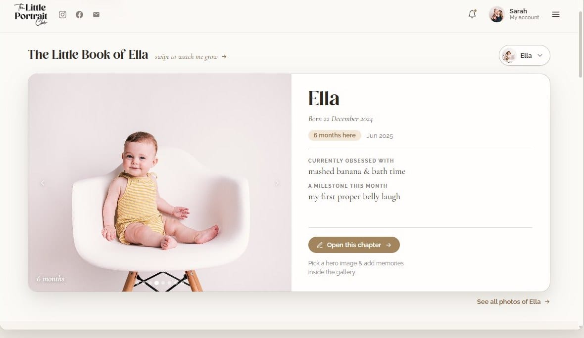 A child's Little Growth Book in a Little Portrait Club account, showing a chapter with their portrait and memories