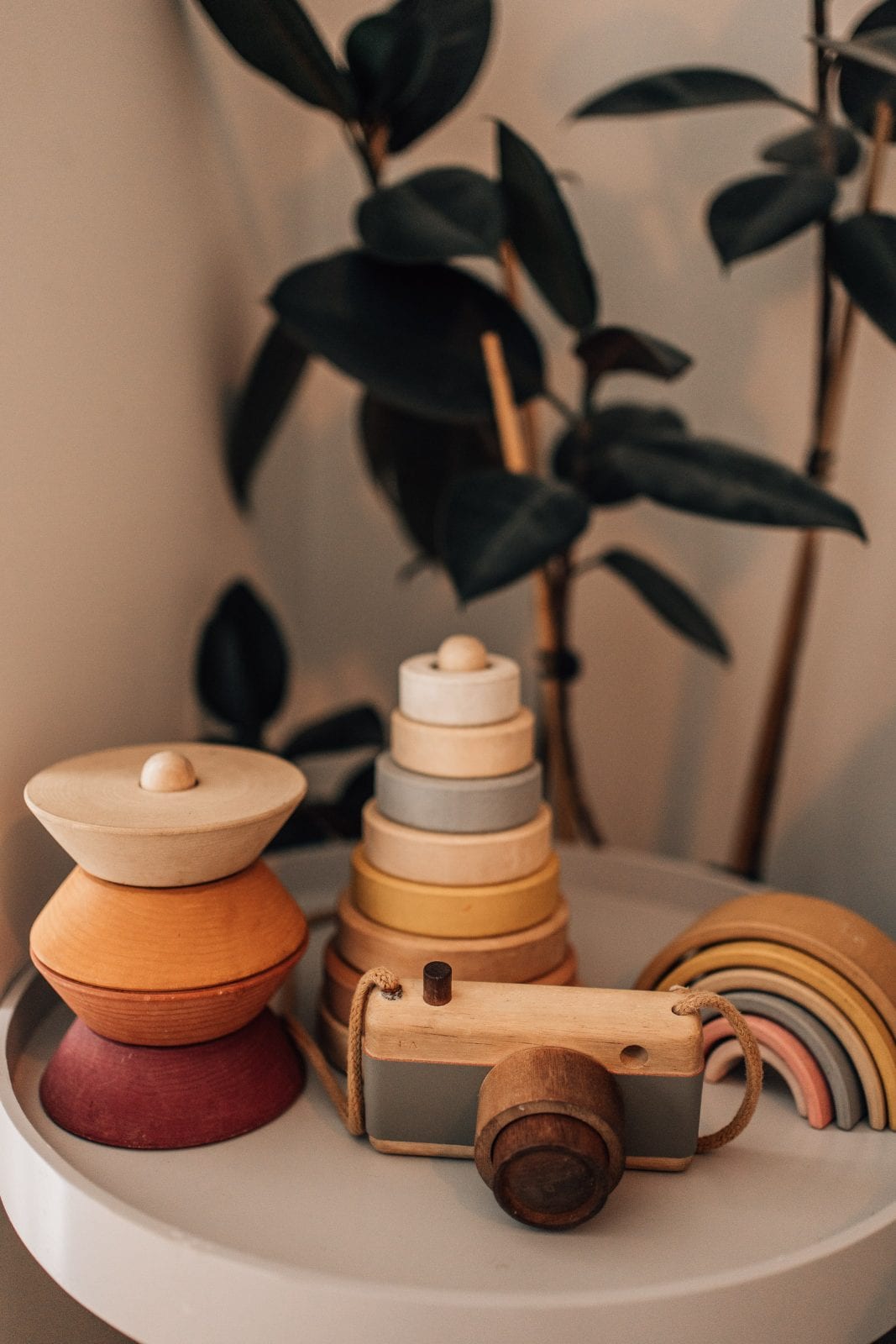 Natural wooden children's toys and a toy camera styled on a side table in our Lincoln, Canterbury family portrait studio.